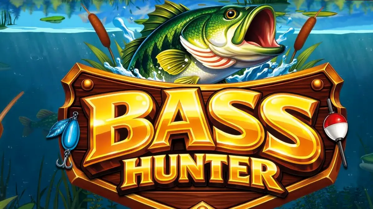 Visual vibrante e subaquático do slot Bass Hunter com símbolos de pesca flutuando.