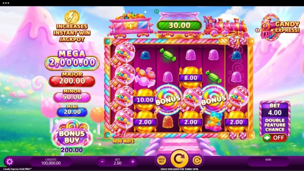 Interface vibrante do slot Candy Express Gold Blitz com elementos de doces e trem