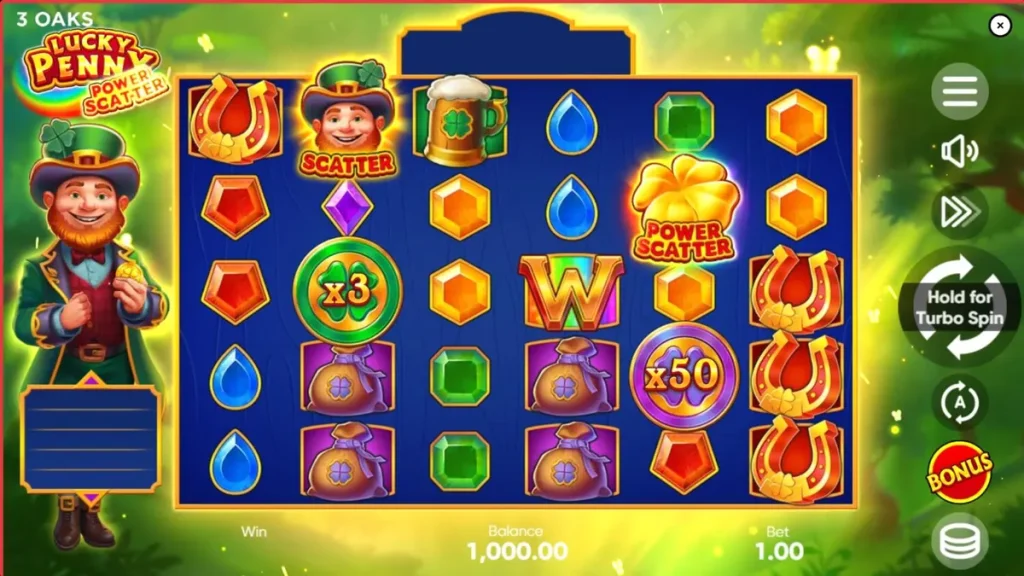 Leprechaun e floresta encantada no slot Lucky Penny Power Scatter