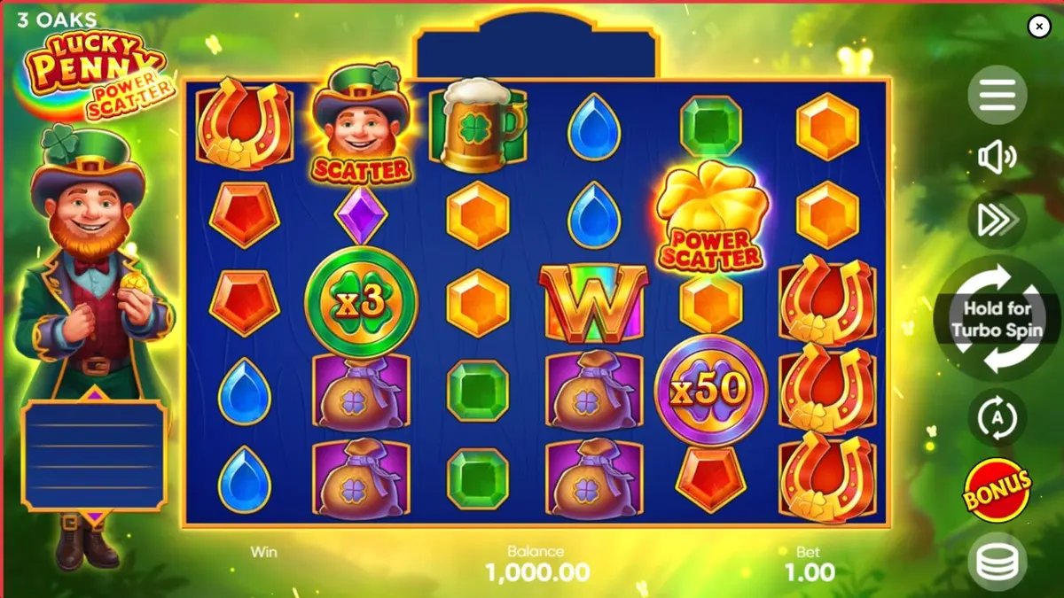 Leprechaun e floresta encantada no slot Lucky Penny Power Scatter