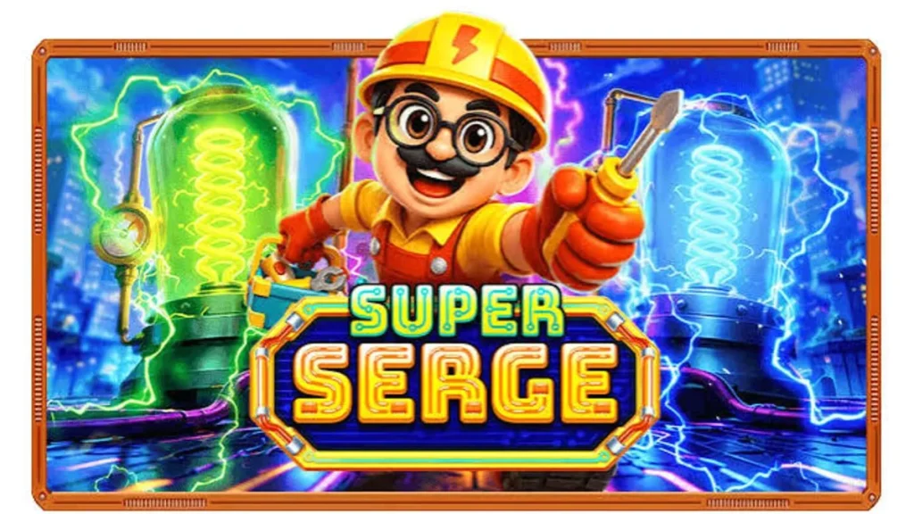 Interface vibrante e futurista do slot Super Serge com luzes neon e ferramentas elétricas.