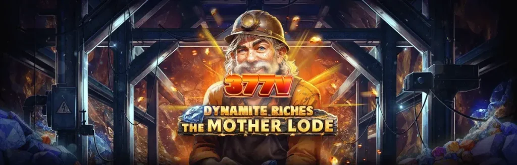 Cena de jogo do slot Dynamite Riches The Mother Lode com símbolos de mineração e dinamite
