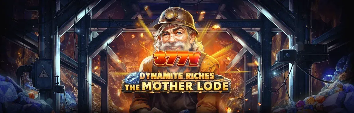 Cena de jogo do slot Dynamite Riches The Mother Lode com símbolos de mineração e dinamite